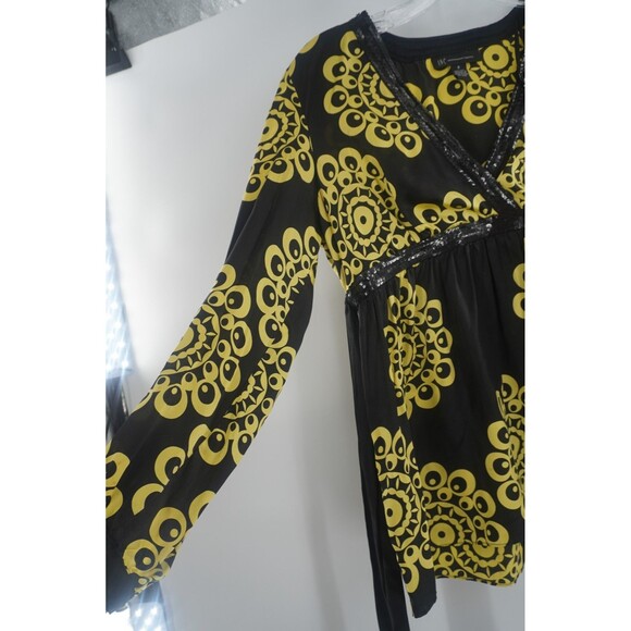 INC International Concepts Black Yellow 100% Silk Sequin V-Neck Blouse Size 8 - Picture 8 of 12